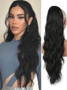 26 Inch Black Claw Clip-On Wavy Synthetic Hair Ponytail, Heat Resistant Fiber,